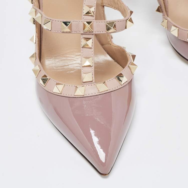 Pre Owned Valentino Beige Patent Rockstud Ankle Strap Pumps Size 37.5 