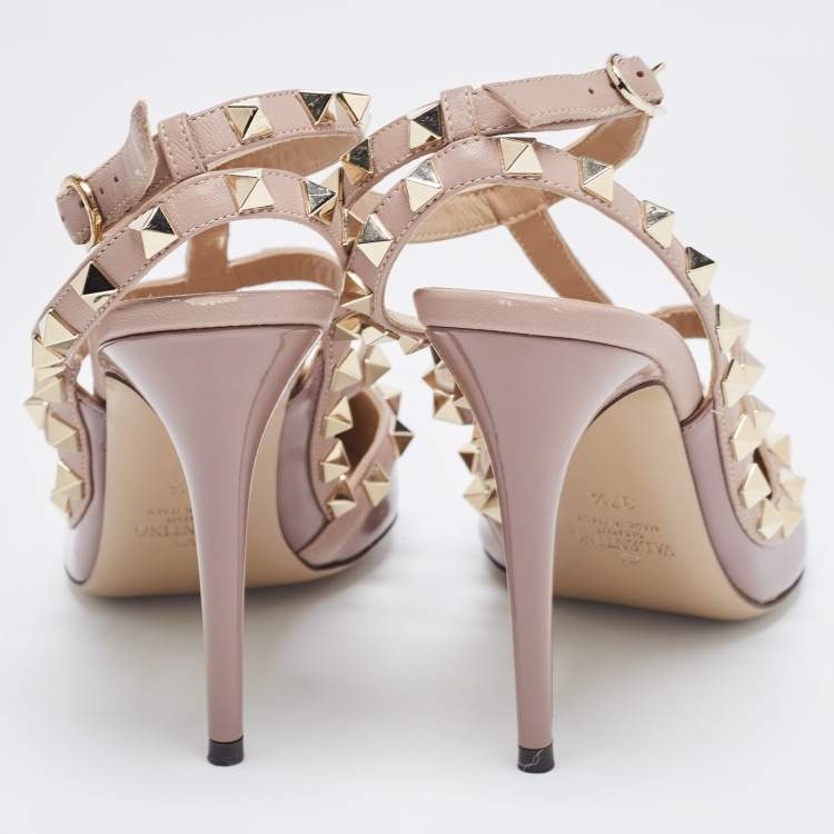 Pre Owned Valentino Beige Patent Rockstud Ankle Strap Pumps Size 37.5 