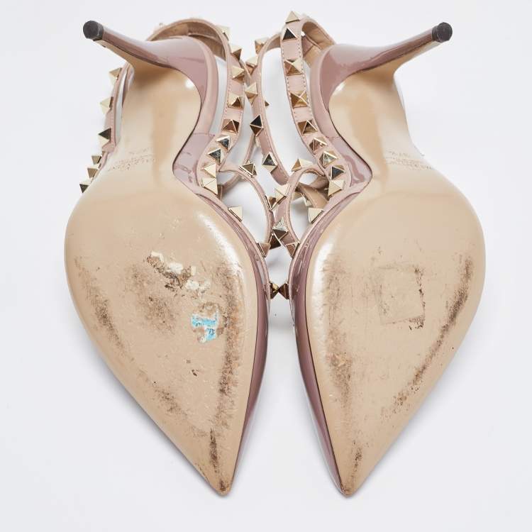 Pre Owned Valentino Beige Patent Rockstud Ankle Strap Pumps Size 37.5 
