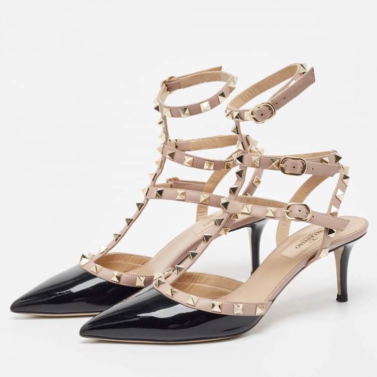 Pre Owned Valentino Black/Pink Patent And Leather Rockstud Ankle Strap Pumps Size 38