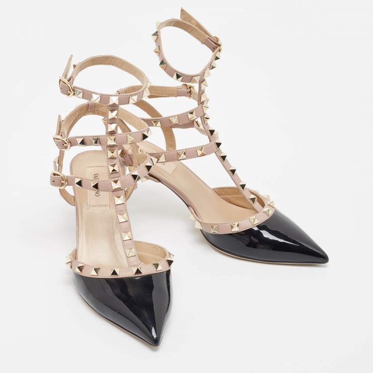 Pre Owned Valentino Black/Pink Patent And Leather Rockstud Ankle Strap Pumps Size 38