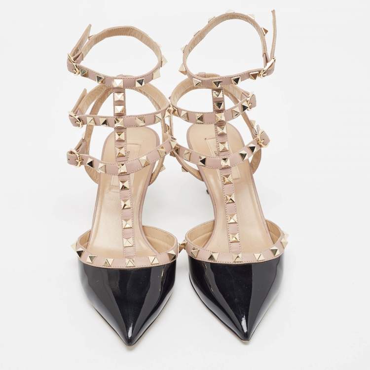 Pre Owned Valentino Black/Pink Patent And Leather Rockstud Ankle Strap Pumps Size 38