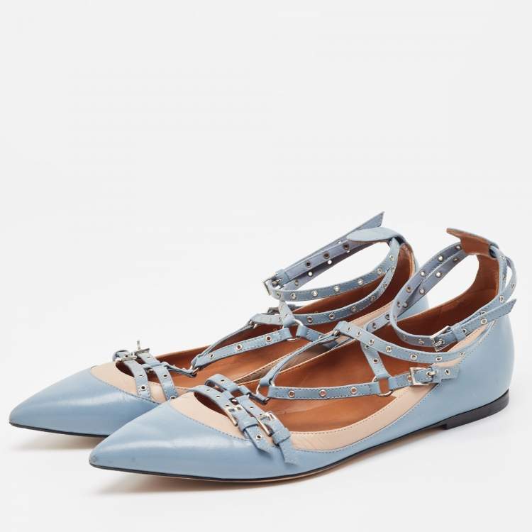 Pre Owned Valentino Blue/Beige Leather Love Latch Ballet Flats Size 39