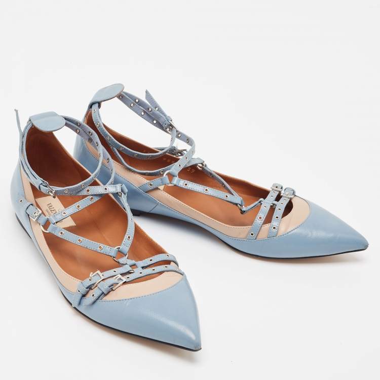 Pre Owned Valentino Blue/Beige Leather Love Latch Ballet Flats Size 39