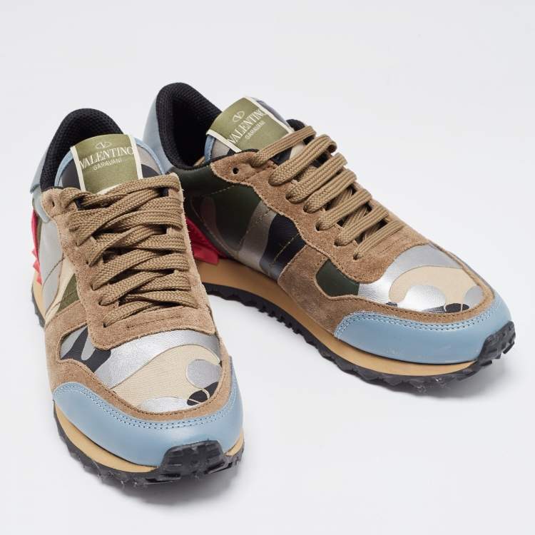 Pre Owned Valentino Multicolor Camo Print Leather and Canvas Rockrunner Sneakers Size 37.5