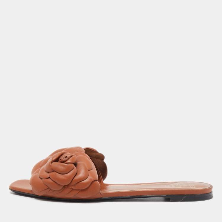 Pre Owned Valentino Brown Leather 03 Rose Edition Atelier Flat Slides Size 38