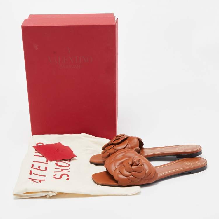 Pre Owned Valentino Brown Leather 03 Rose Edition Atelier Flat Slides Size 38