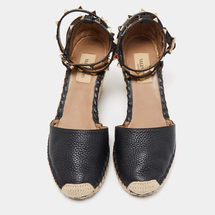 Pre Owned Valentino Black Leather Rockstud Wedge Espadrille Ankle Wrap Pumps Size 36