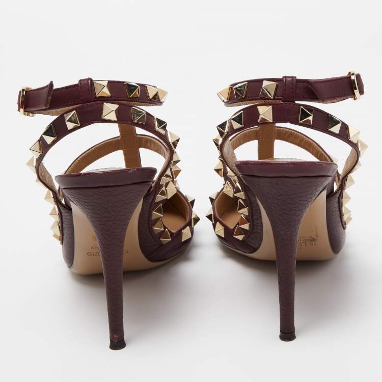 Pre Owned Valentino Burgundy Leather Rockstud Strappy Pointed Toe Pumps Size Size 38