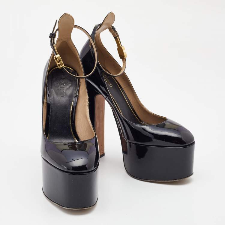 Pre Owned Valentino Black Patent Leather Tan-Go Platform Pumps Size 37