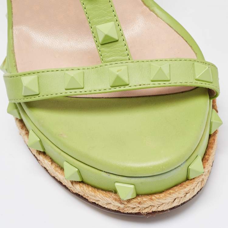 Pre Owned Valentino Green Leather Rockstud Wedge Sandals Size 37