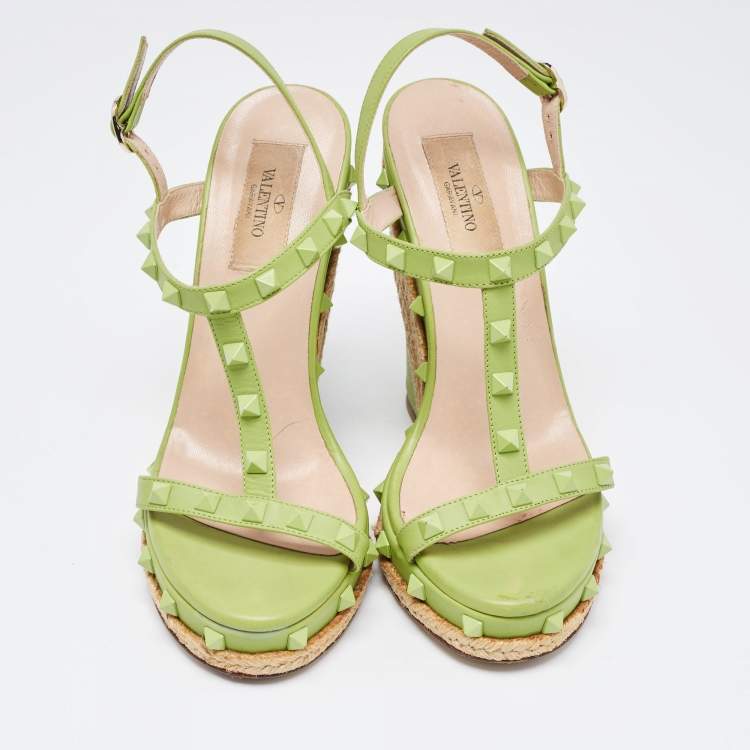 Pre Owned Valentino Green Leather Rockstud Wedge Sandals Size 37