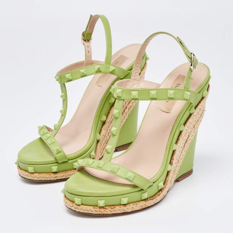 Pre Owned Valentino Green Leather Rockstud Wedge Sandals Size 37