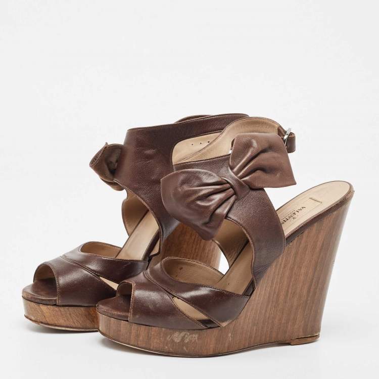 Pre Owned Valentino Brown Leather Wedge Sandals Size 37