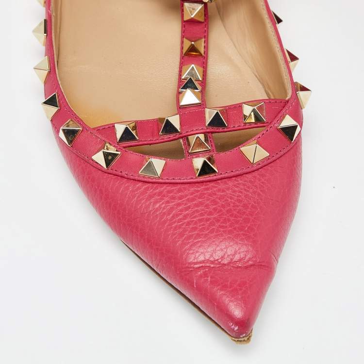 Pre Owned Valentino Pink Leather Rockstud Ankle Strap Ballet Flats Size 37.5