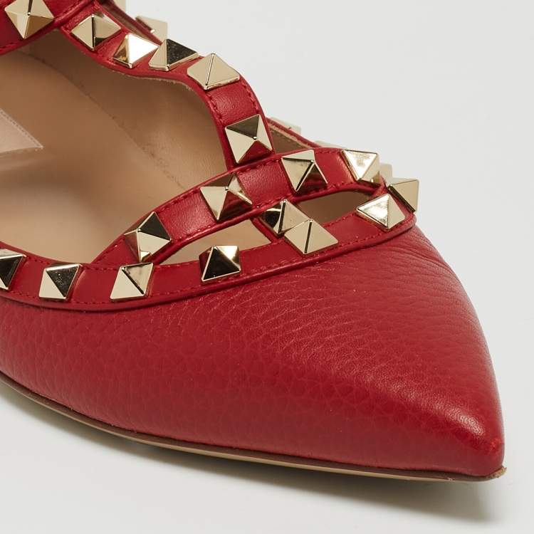 Pre Owned Valentino Red Leather Rockstud Ballet Flats Size 38