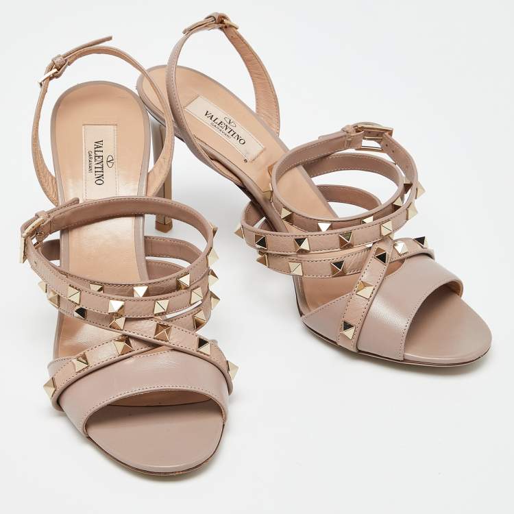 Pre Owned Valentino Dusty Pink Leather Rockstud Ankle Wrap Sandals Size 40