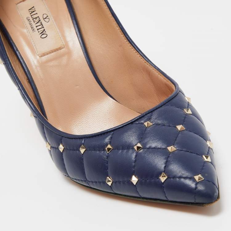 Pre Owned Valentino Blue Quilted Leather Rockstud Pointed Toe Pumps Size 36.5