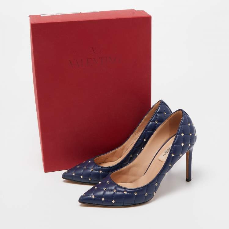 Pre Owned Valentino Blue Quilted Leather Rockstud Pointed Toe Pumps Size 36.5