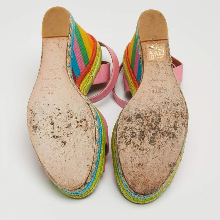 Pre Owned Valentino Pink Leather Criss Cross Wedge Platform Espadrille Ankle Wrap Sandals Size 40