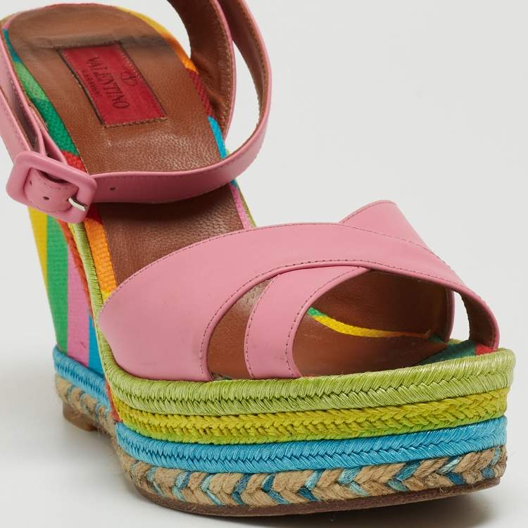 Pre Owned Valentino Pink Leather Criss Cross Wedge Platform Espadrille Ankle Wrap Sandals Size 40