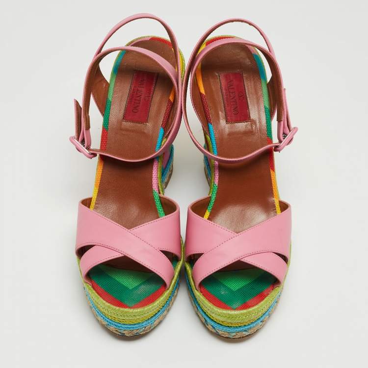 Pre Owned Valentino Pink Leather Criss Cross Wedge Platform Espadrille Ankle Wrap Sandals Size 40