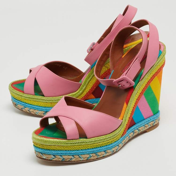 Pre Owned Valentino Pink Leather Criss Cross Wedge Platform Espadrille Ankle Wrap Sandals Size 40