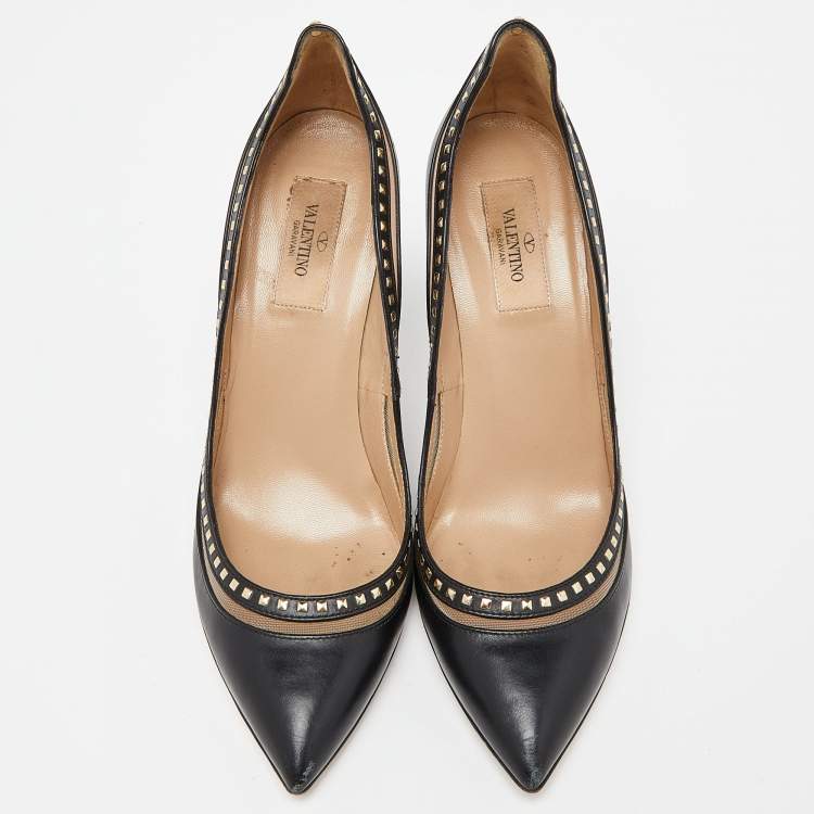 Pre Owned Valentino Black Leather Studded Pointed Toe Pumps Size 39