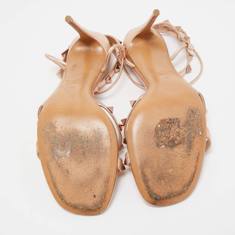 Pre Owned Valentino Metallic Rose Gold Leather Rockstud  Ankle Strap Sandals Size 38