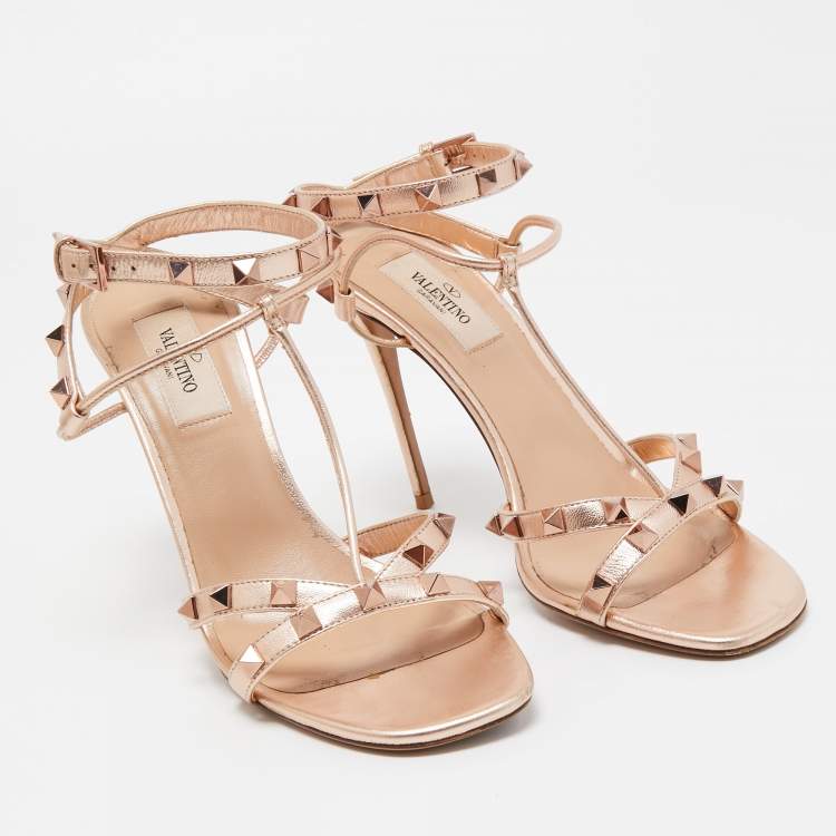 Pre Owned Valentino Metallic Rose Gold Leather Rockstud  Ankle Strap Sandals Size 38