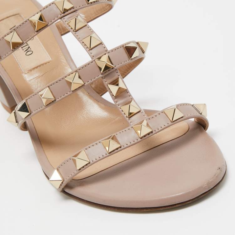 Pre Owned Valentino Dusty Pink Leather Rockstud Strappy Block Heel Sandals Size 35.5