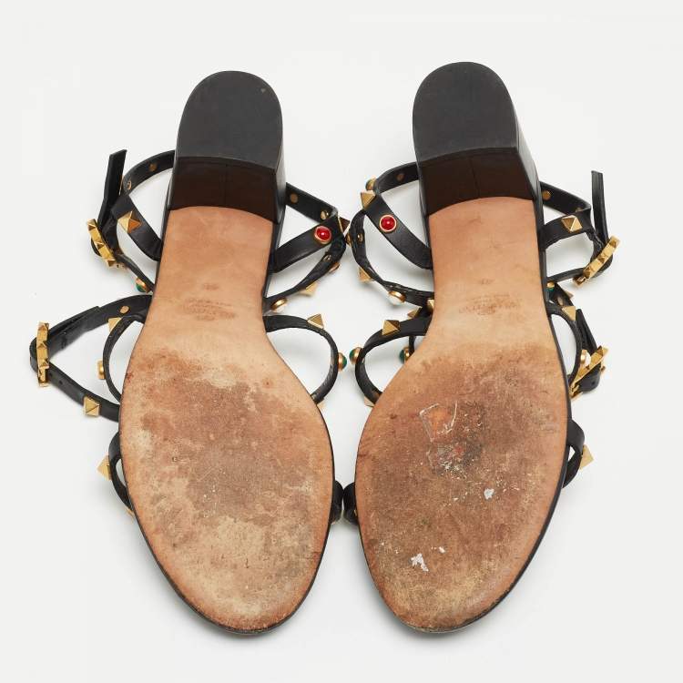 Pre Owned Valentino Black Leather Rolling Rockstud Ankle Strap Sandals Size 41