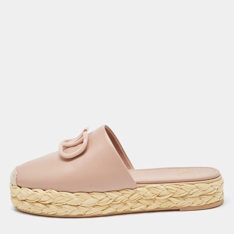 Pre Owned Valentino Dusty Pink Leather Escape V logo Espadrille Flat Mules Size 37 