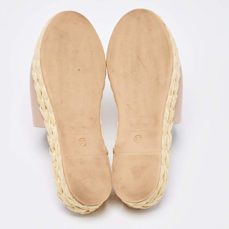Pre Owned Valentino Dusty Pink Leather Escape V logo Espadrille Flat Mules Size 37 