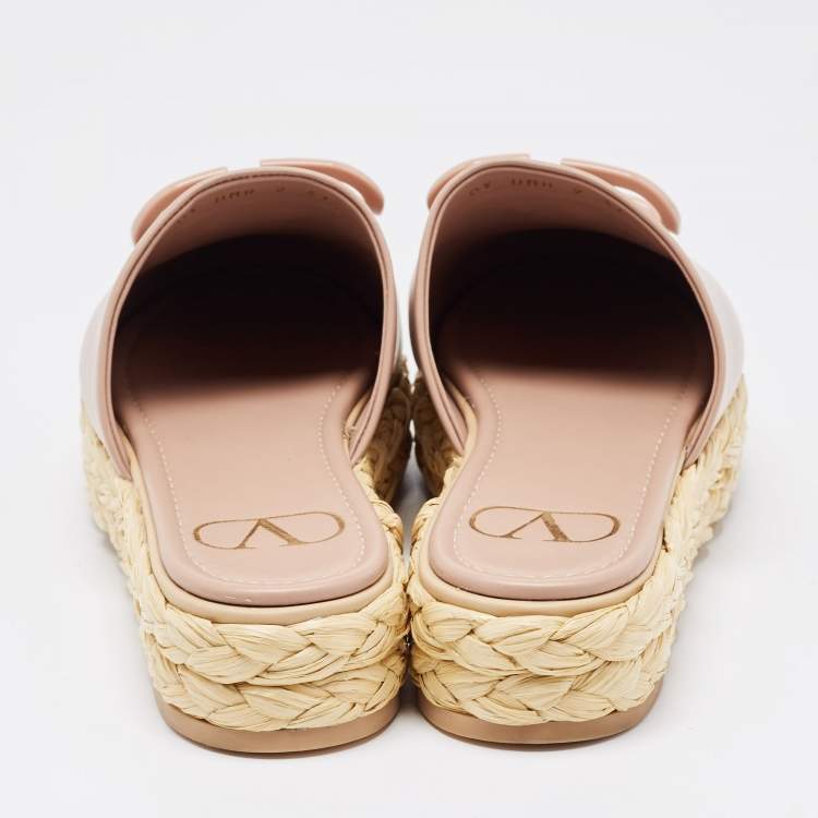 Pre Owned Valentino Dusty Pink Leather Escape V logo Espadrille Flat Mules Size 37 