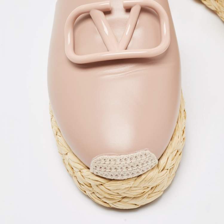 Pre Owned Valentino Dusty Pink Leather Escape V logo Espadrille Flat Mules Size 37 