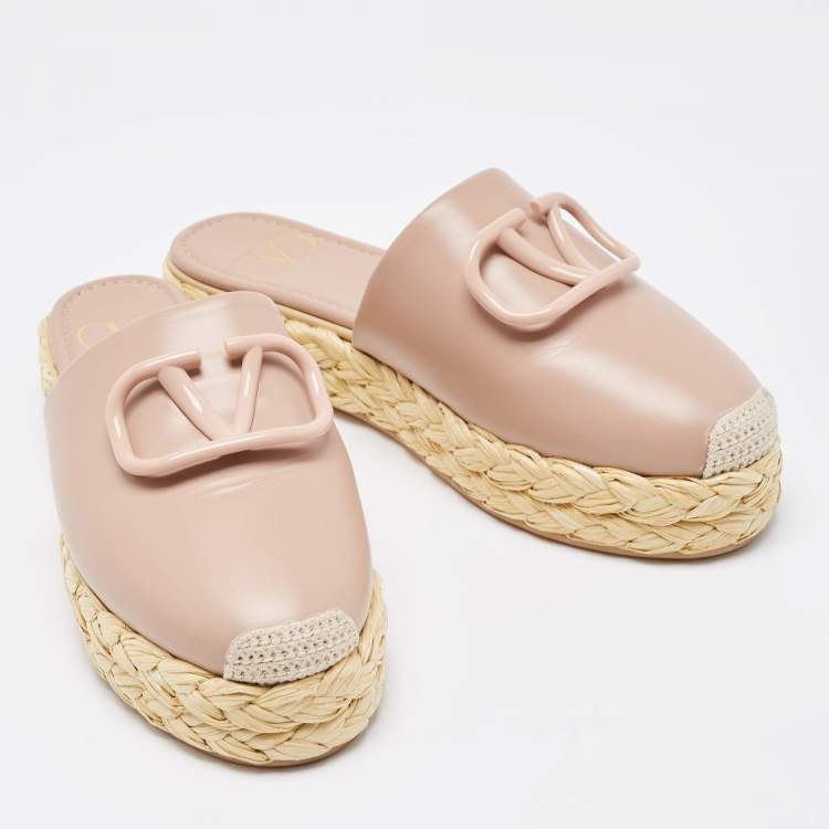 Pre Owned Valentino Dusty Pink Leather Escape V logo Espadrille Flat Mules Size 37 