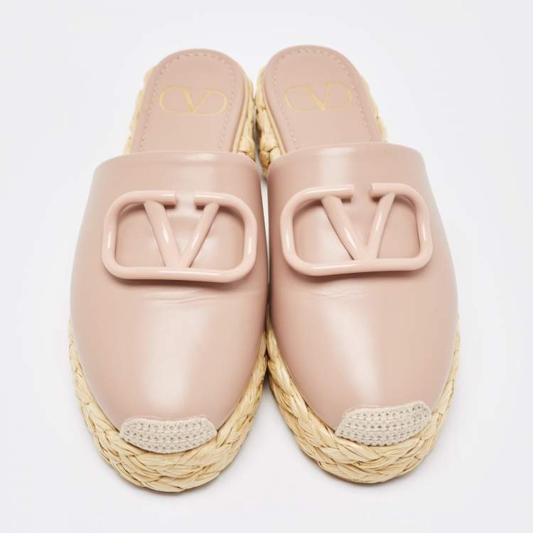 Pre Owned Valentino Dusty Pink Leather Escape V logo Espadrille Flat Mules Size 37 