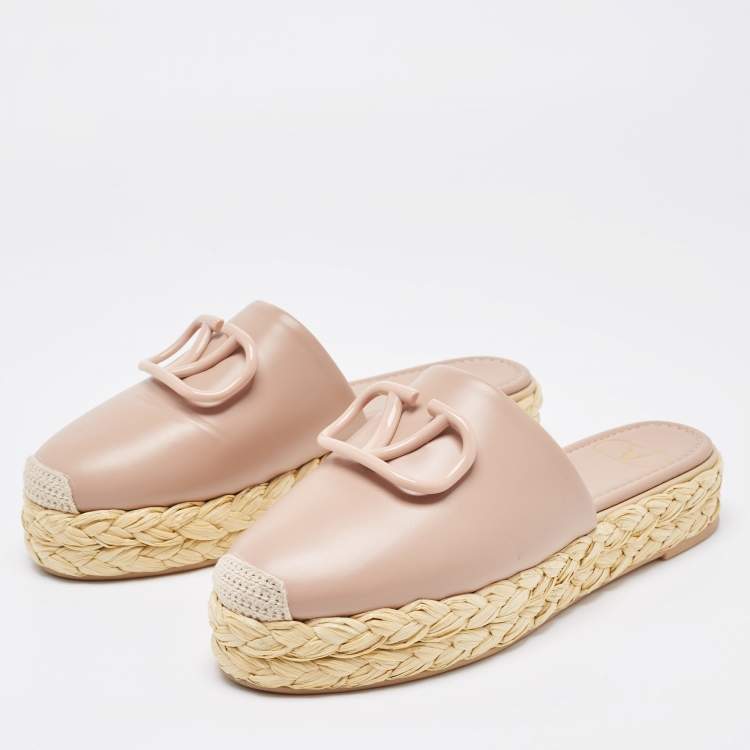 Pre Owned Valentino Dusty Pink Leather Escape V logo Espadrille Flat Mules Size 37 