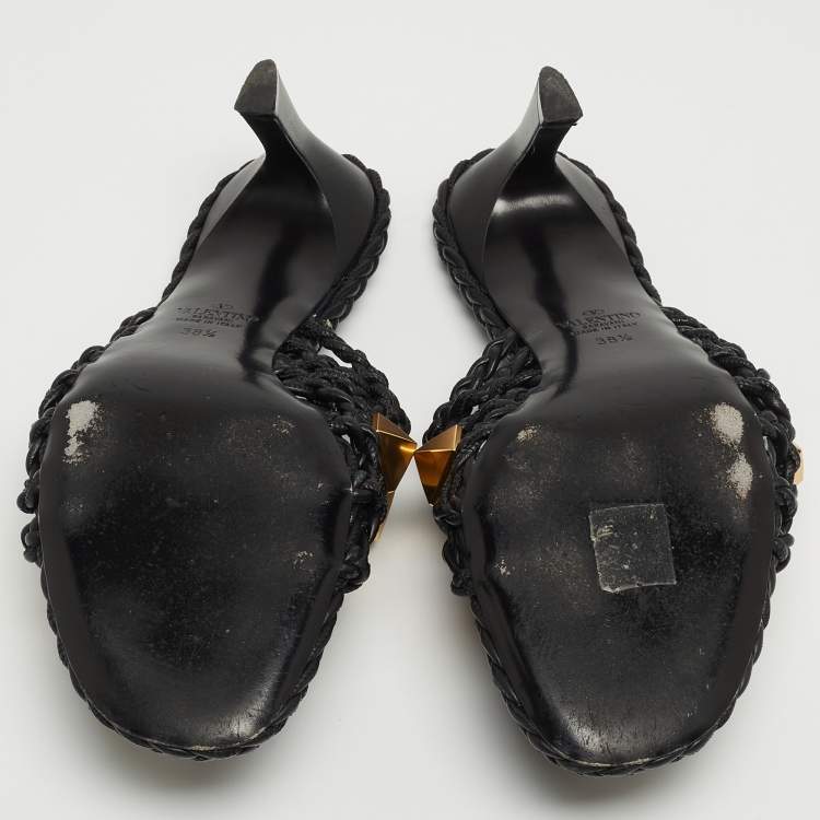 Pre Owned Valentino Black Woven Leather Roman Stud Slide Sandals Size 38.5