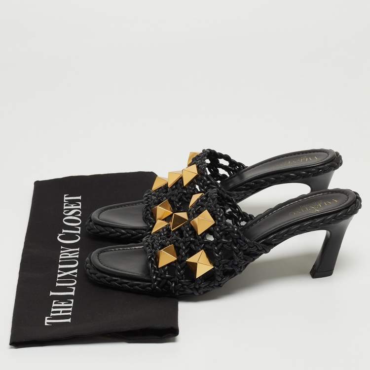 Pre Owned Valentino Black Woven Leather Roman Stud Slide Sandals Size 38.5