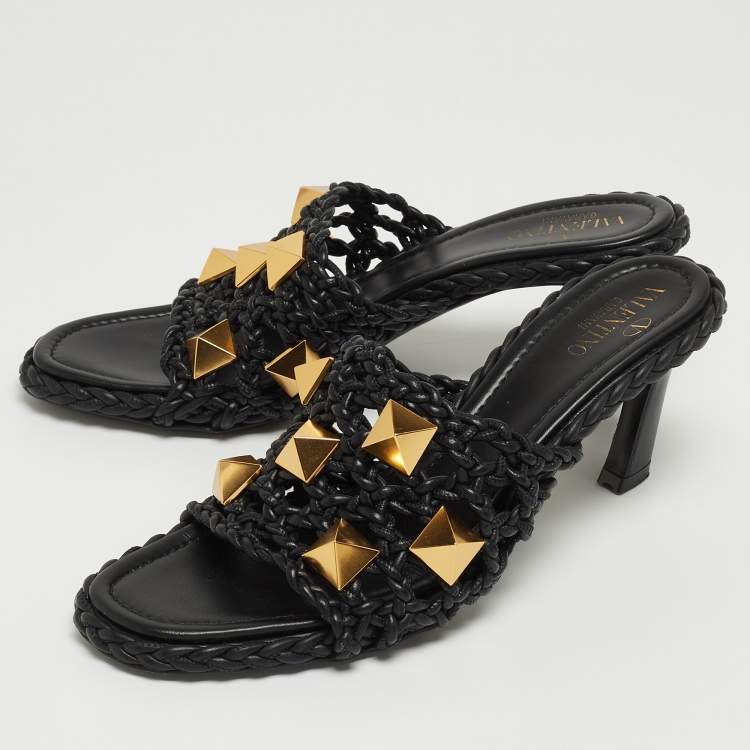 Pre Owned Valentino Black Woven Leather Roman Stud Slide Sandals Size 38.5