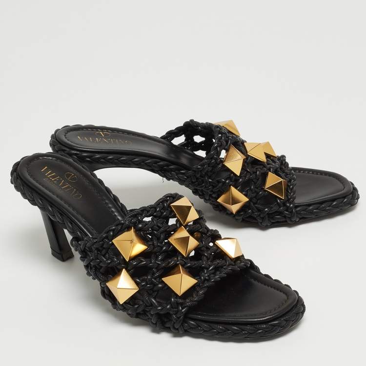 Pre Owned Valentino Black Woven Leather Roman Stud Slide Sandals Size 38.5