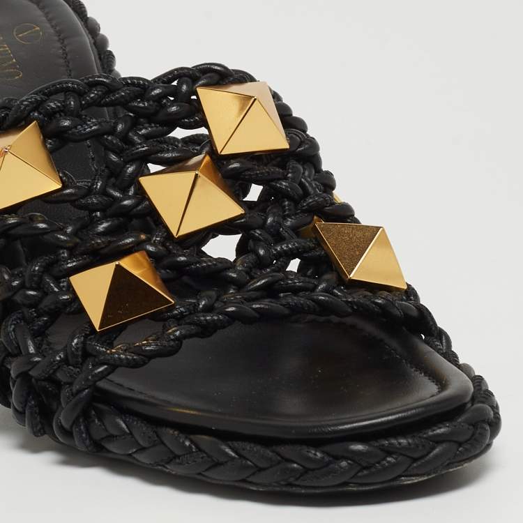 Pre Owned Valentino Black Woven Leather Roman Stud Slide Sandals Size 38.5