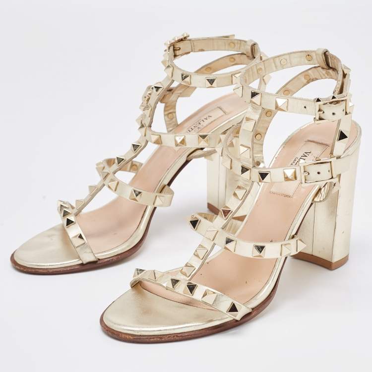 Pre Owned Valentino Gold Leather Rockstud Ankle Strap Sandals Size 37