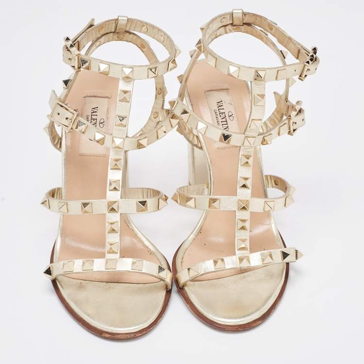 Pre Owned Valentino Gold Leather Rockstud Ankle Strap Sandals Size 37