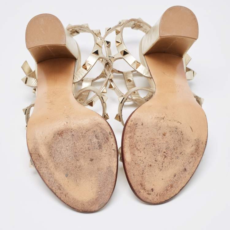 Pre Owned Valentino Gold Leather Rockstud Ankle Strap Sandals Size 37