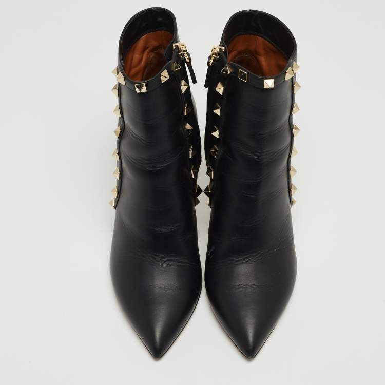Pre Owned Valentino Black Leather Rockstud Pointed Toe Boots Size 37