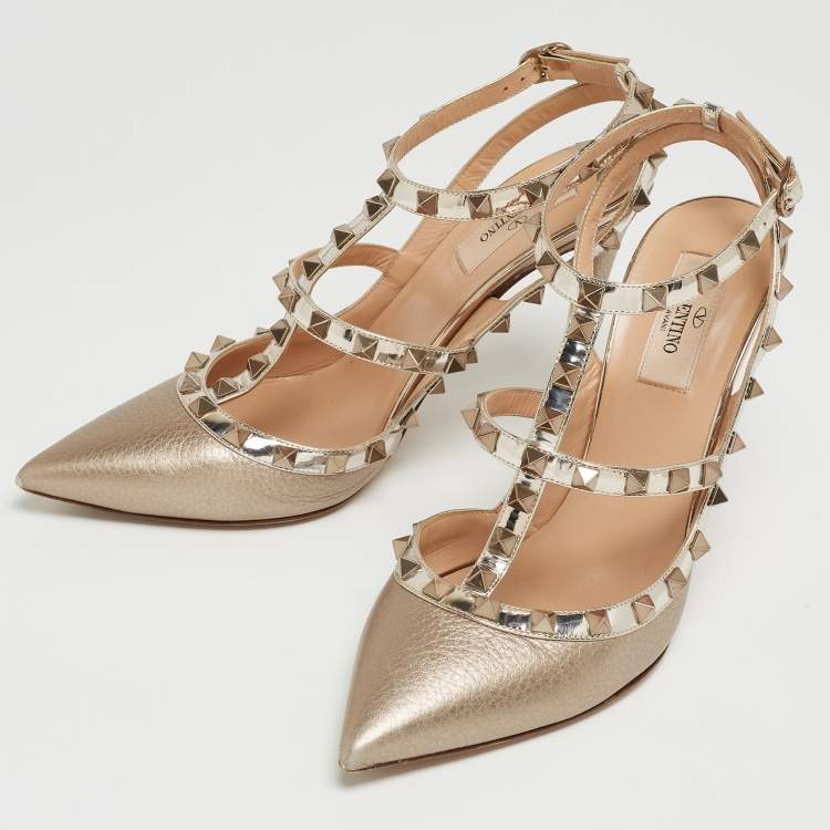 Pre Owned Valentino Metallic Gold Leather Rockstud Embellished Ankle Strap Sandals Size 39.5