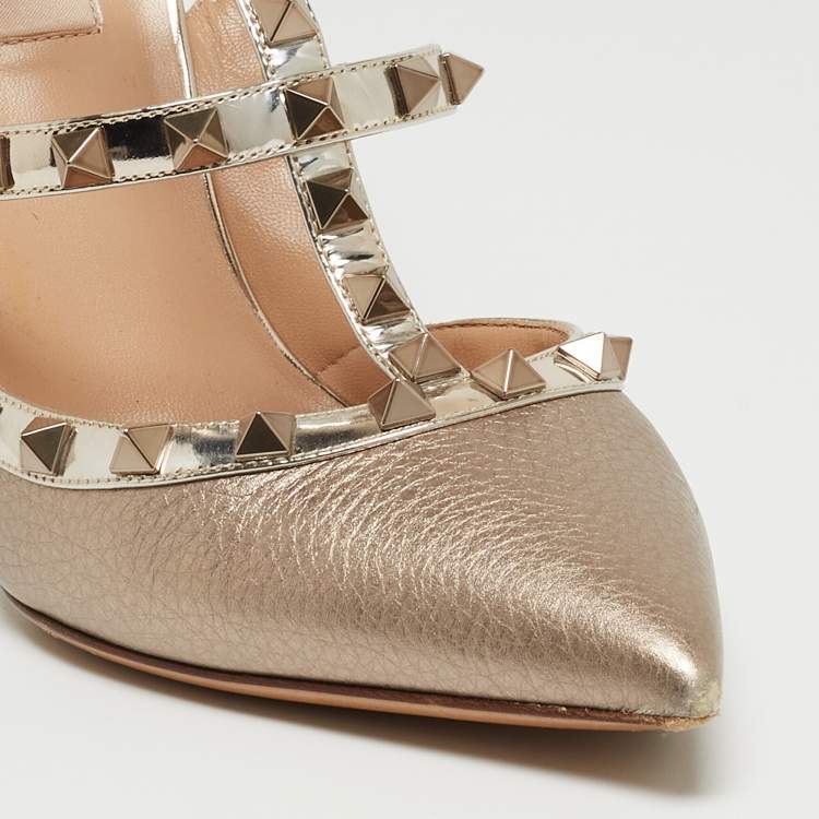 Pre Owned Valentino Metallic Gold Leather Rockstud Embellished Ankle Strap Sandals Size 39.5